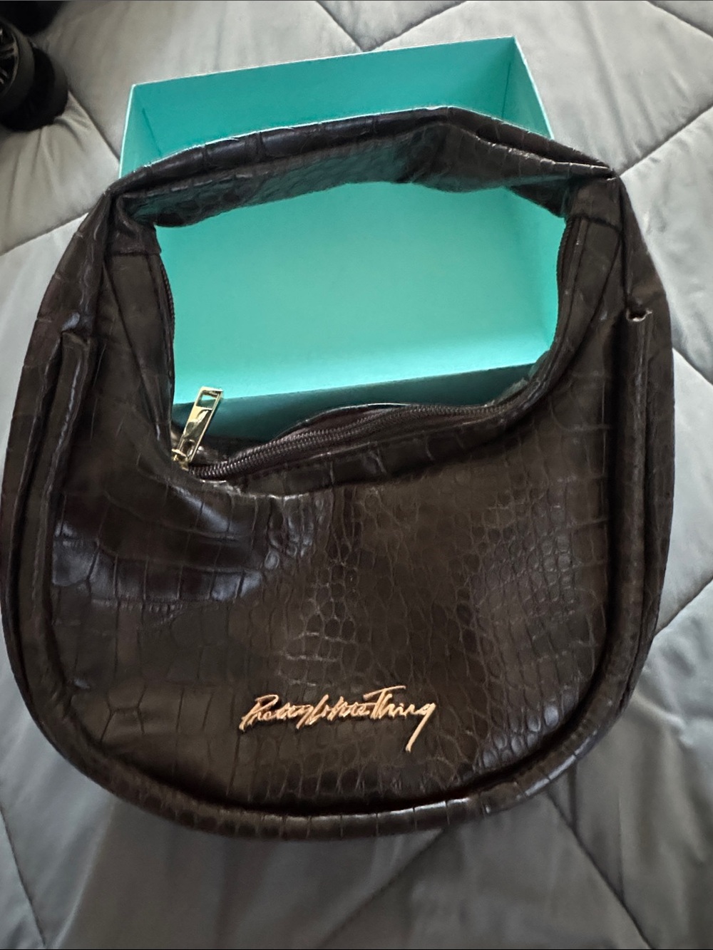 Pretty little thing Brown Croc-Embossed Shoulder Bag with Gold Script Logo